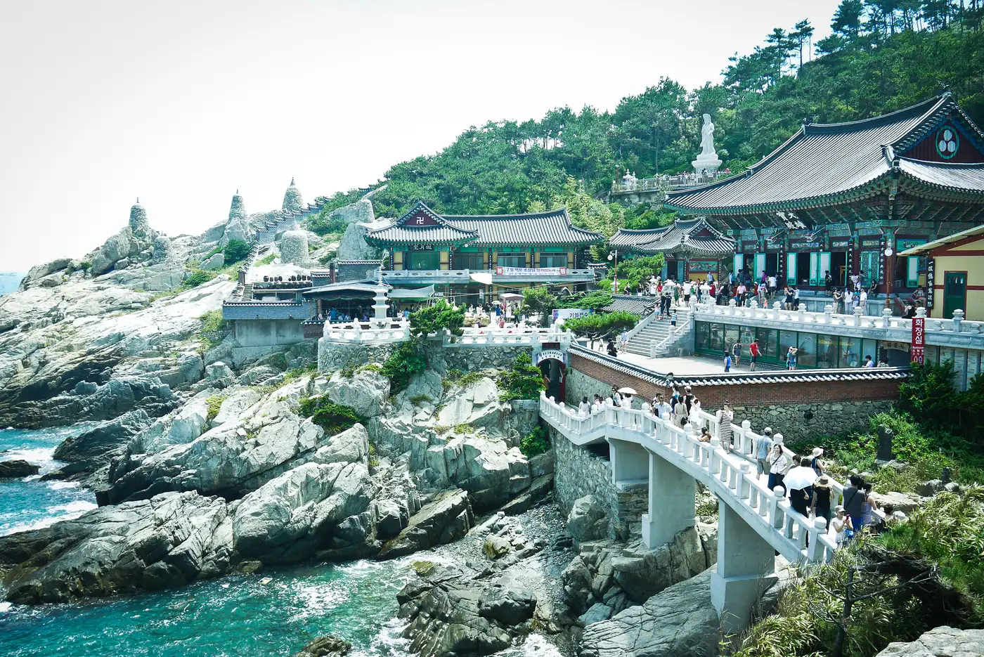 Haedong Yonggungsa temple buildings and a white bridge beside the rocky, turquoise coast of Busan.