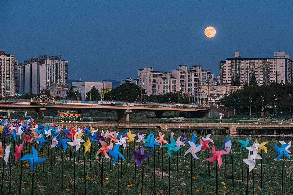 Moonrise over pinwheels beside Bogangcheon in Jeungpyeong