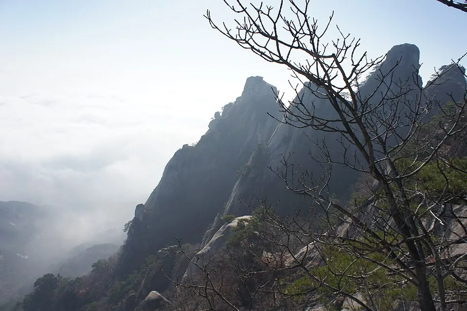 Granite peaks of Dobongsan Mountain viewed from a summit trail, Dobong-gu, Seoul.