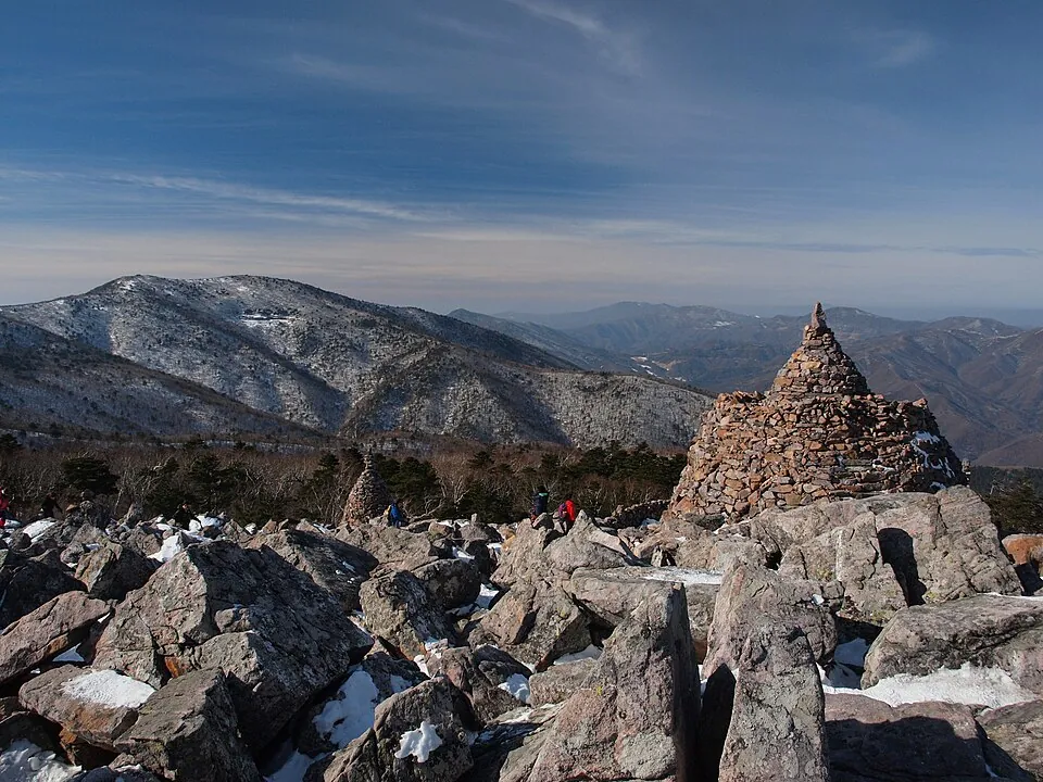 Rocky summit of Munsubong with Taebaeksan’s peaks beyond