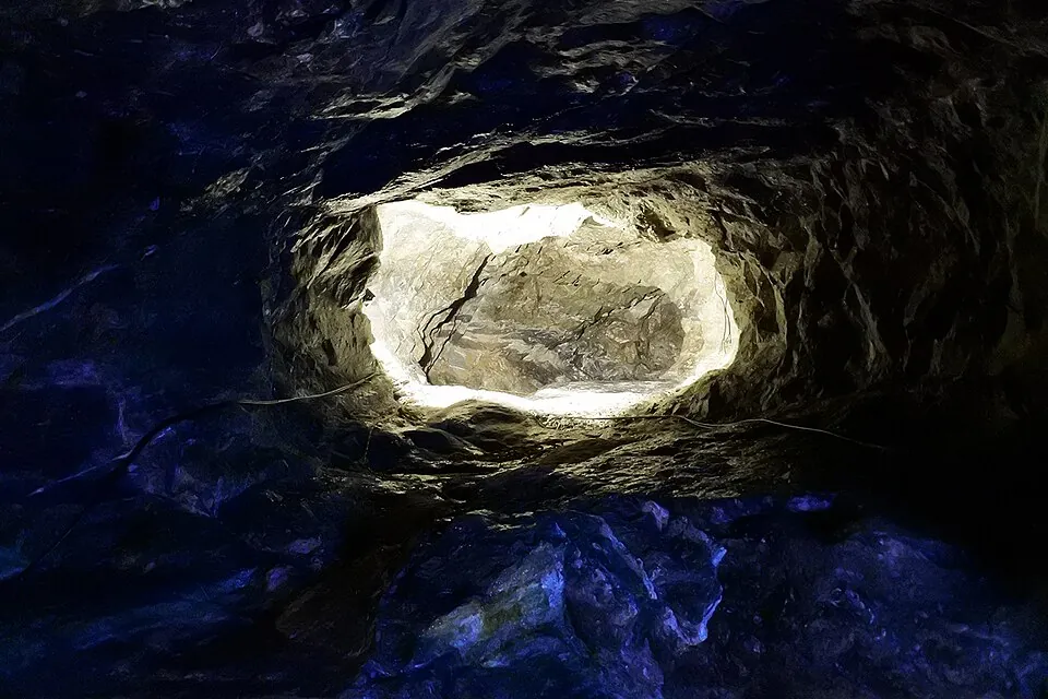 Looking up at the rock ceiling inside Gwangmyeong Cave.