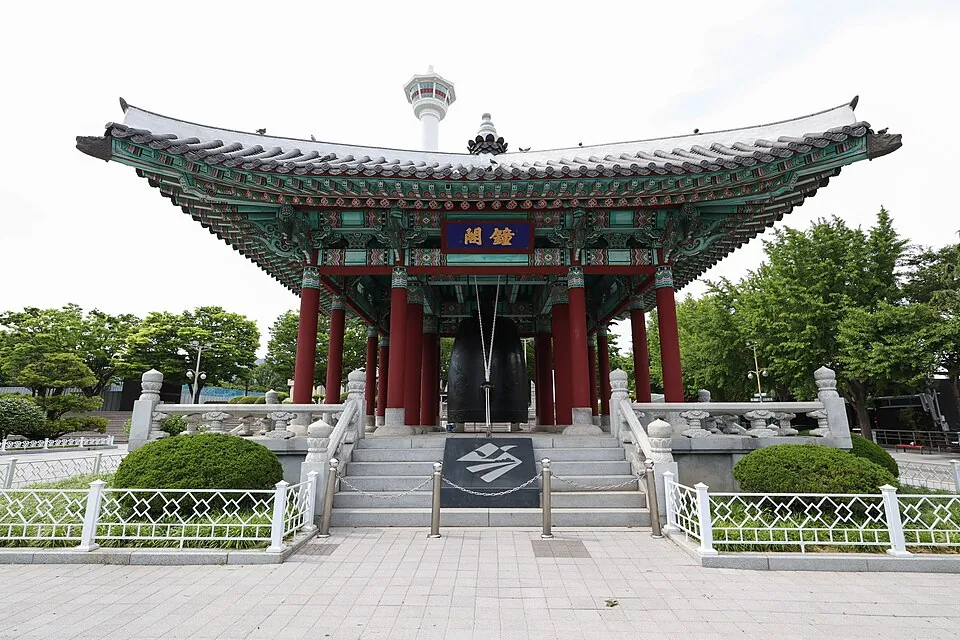 Yongdusan Park bell pavilion with Busan Tower behind