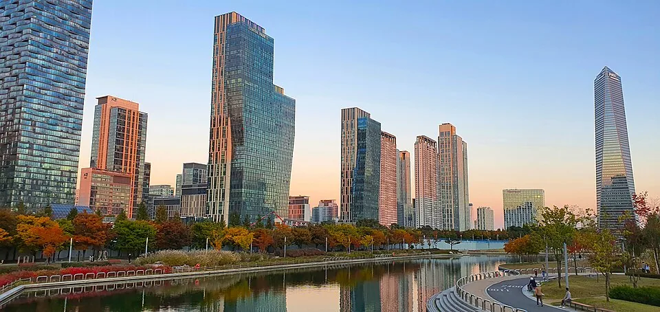 Songdo Central Park and the Incheon skyline at sunset
