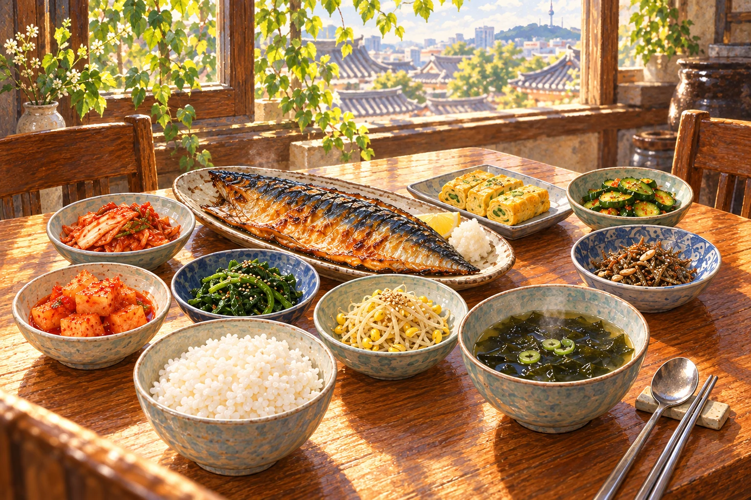 Painterly illustration of grilled mackerel, rice, soup and banchan on a sunlit Korean restaurant table.